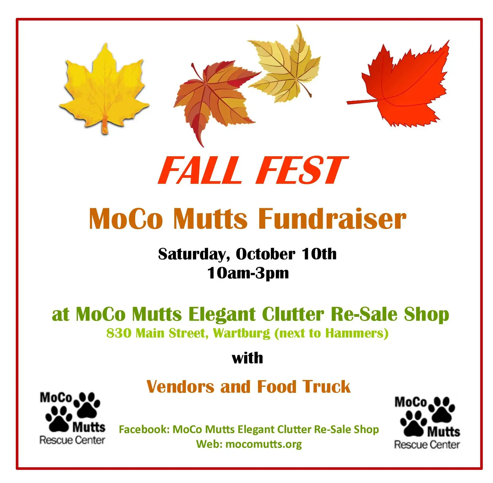 Fall Fest flyer: MoCo Mutts fundraiser, Saturday October 10, 10am–3pm, at the Elegant Clutter Re-Sale Shop, 830 Main Street, Wartburg